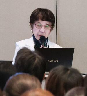日航本社で講演する美谷島邦子さん=23日午後、東京都品川区