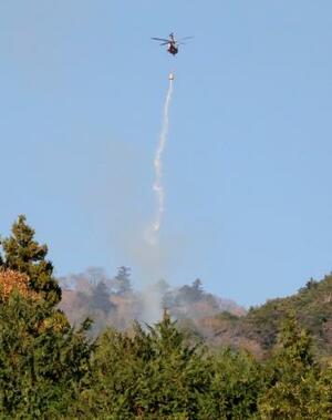 　神奈川県伊勢原市と厚木市にまたがる日向山で散水する消防ヘリコプター＝１０日午前８時１２分