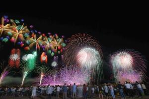 色鮮やかな花火が会場を彩った「海の大花火大会」=2024年7月26日、柏崎市