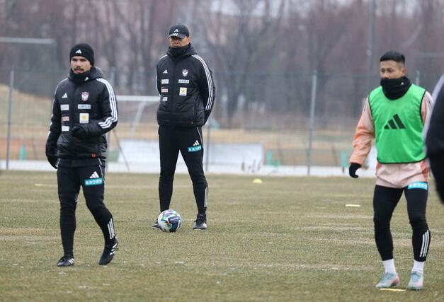 練習を見守る船越優蔵監督（中央）＝聖籠町