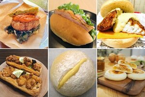 上段左から関川ぽっかりサンド、コラボッペ(山長BLT)、フィッシュバーガー、下段左から鶏肉のレモン和えデニッシュ、クリームパン、ミサぱん(写真はJAF新潟支部提供)
