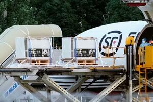 ジャイアントパンダをのせ中国四川省成都の空港に到着したチャーター機から運び出されるケージ=28日(共同)