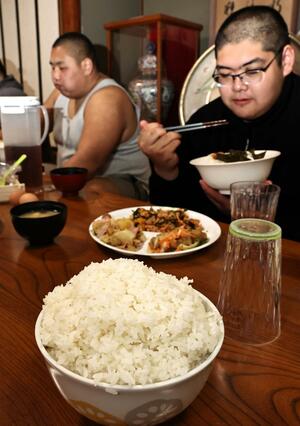 金芽米をおなかいっぱい食べる海洋高相撲部の部員たち=糸魚川市能生