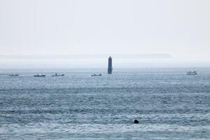 北方領土・歯舞群島の貝殻島付近の漁場でコンブ漁をする漁船=1日午前7時35分