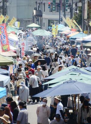 多くの買い物客でにぎわう「つむぎ通り軽トラ市」=5月5日、南魚沼市塩沢