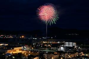 東日本大震災の津波で壊滅的な被害に遭った岩手県大槌町で打ち上げられた追悼の花火=15日夜(多重露光)