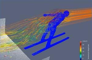　スーパーコンピューター「富岳」を使った小林陵侑のジャンプのシミュレーション（神戸大、北翔大、理研提供）