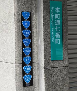 本町交差点に設置された、国道8路線の起終点が集中することをPRするミニチュア標識=新潟市中央区本町通7