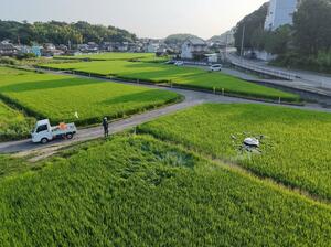 JA晴れの国岡山の職員が行ったドローンによる防除作業=岡山県倉敷市(写真映像部・永井隆司)