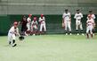 高校野球部員とゴロの捕球練習をする子どもたち=8月6日、新潟市中央区長潟