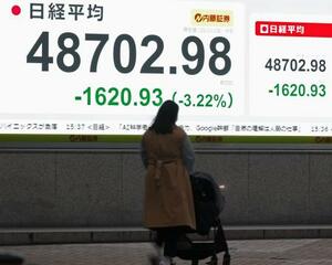 4万9000円を割り込んだ日経平均株価終値を示すボード=18日午後、東京都中央区