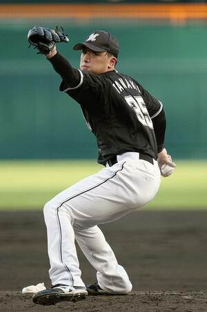 5回途中3失点で4敗目を喫したロッテ・田中晴也=甲子園