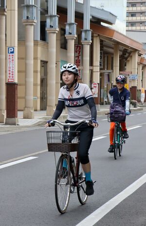 自転車で高田の街を「散走」するワークショップの参加者=上越市