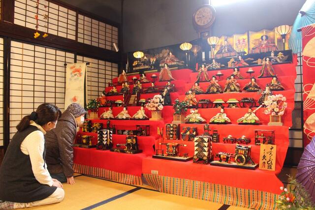 町屋ギャラリー薩摩屋に飾られた7段飾りと8段飾り=新潟市秋葉区小須戸
