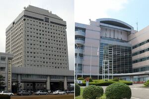 新潟県庁(左)と新潟市役所