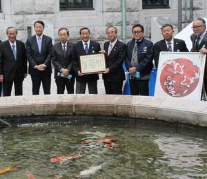 衆院中庭の池に放たれた新潟県の錦鯉＝２５日、国会
