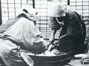 細かく刻んだ大根をご飯にまぜた「大根飯」を作る女性たち=1944年、京ケ瀬村(現阿賀野市)=「新潟県民の太平洋戦争」から