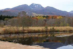 
妙高山といもり池。紅葉のピークは過ぎ、訪れる人はまばらだった＝１３日、妙高市関川
