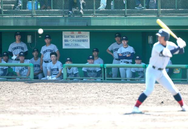 中越－新潟明訓　５回の攻撃をベンチから見守る中越の選手たち＝長岡市悠久山球場