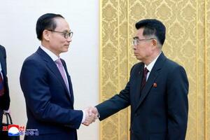 ベトナムのレ・ホアイ・チュン外相(左)と握手する北朝鮮の金成男・朝鮮労働党国際部長=13日、平壌(朝鮮中央通信=共同)