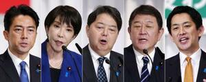 (左から)小泉農相、高市前経済安保相、林官房長官、茂木前幹事長、小林元経済安保相