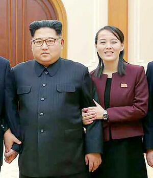 金正恩氏(左)と写真に納まる妹の金与正氏=2018年2月(コリアメディア提供・共同)
