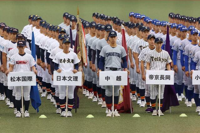 開会式で整列する選手たち=富山市民球場