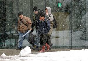 　雪が降る新潟県長岡市内を歩く人たち＝２０日午後