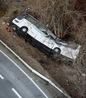 国道から転落、横転したスキーバス=2016年1月、長野県軽井沢町