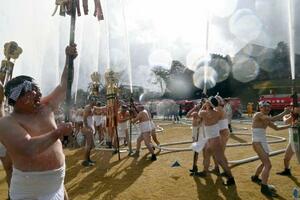 金沢市の消防出初め式で披露された一斉放水=11日午前、金沢城公園