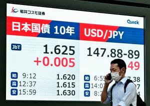 日本国債の利回りを示すモニター。一時1・630%を付けた=27日午後、東京都中央区