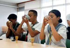 マダガスカルから来日した学生と茶道体験する生徒(右)=7月、宮崎県えびの市(同市提供)