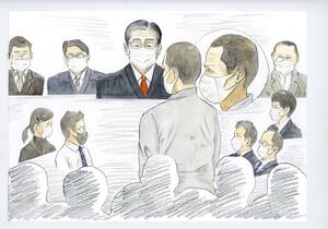 新発田市で女性が殺害された事件の判決公判で、無期懲役を言い渡される被告(イラスト・藤井芳則)