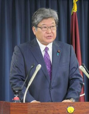 　記者会見する自民党の萩生田光一幹事長代行＝２１日午前、東京・永田町の党本部