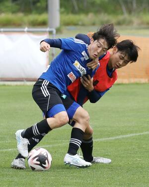 練習から積極的な姿勢が目立つMF奥村仁=聖籠町