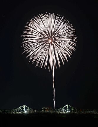 長岡空襲の犠牲者への慰霊と鎮魂の花火「白菊」=2024年8月、長岡市