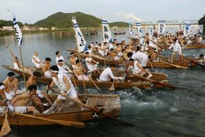 和歌山・三重県境を流れる熊野川で行われた熊野速玉大社の「御船祭」の早船競漕=16日午後