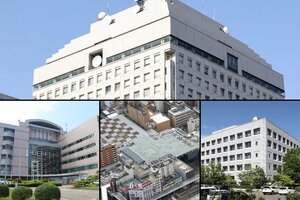 県庁（上段）と（下段左から）新潟市役所、長岡市役所が入るアオーレ長岡、上越市役所