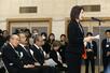 「佐渡島の金山」追悼式であいさつした生稲晃子外務政務官=11月24日、佐渡市相川栄町