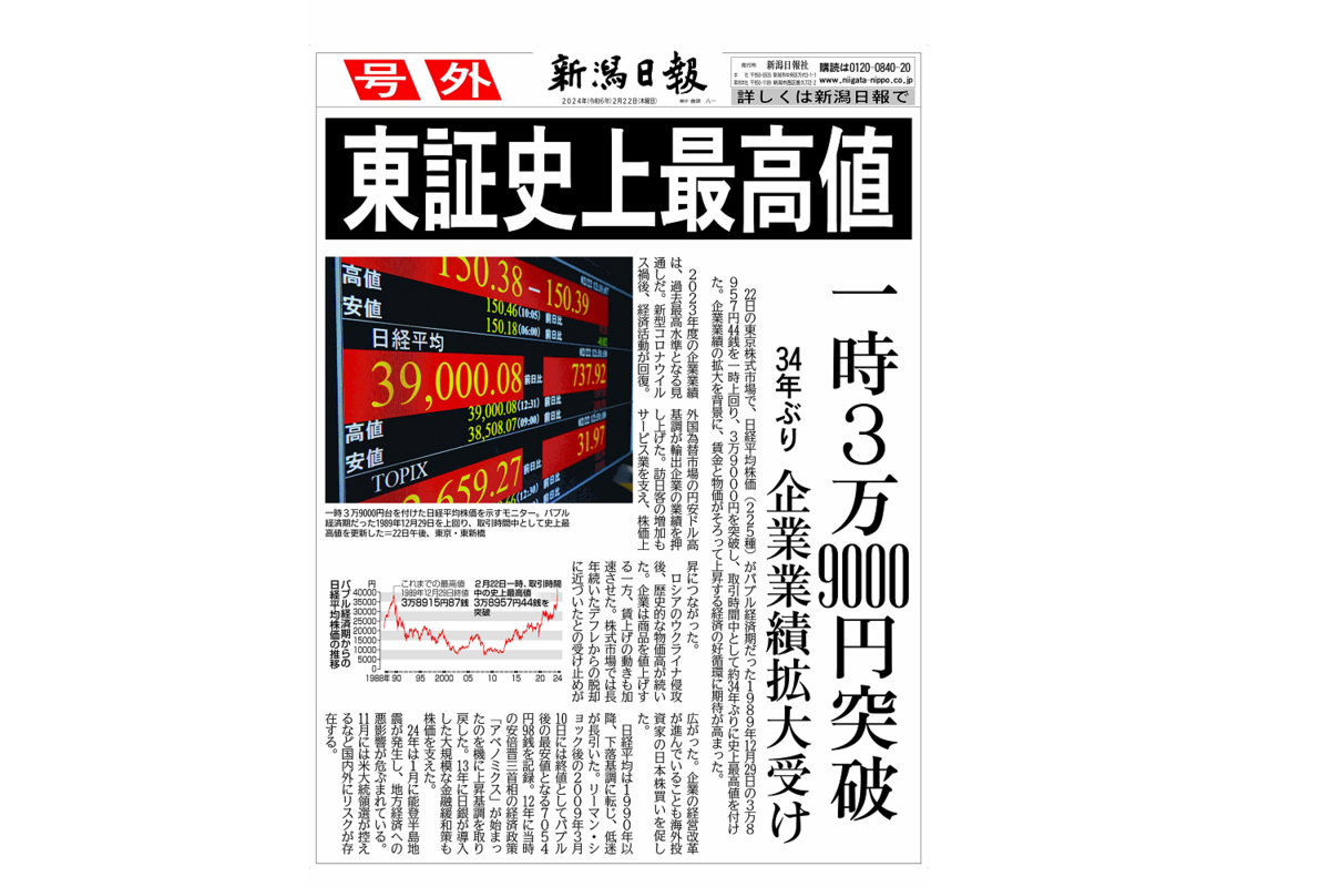 号外】日経平均株価が史上最高値、バブル経済期超え | 新潟日報
