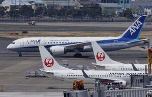 　全日本空輸（全日空、ＡＮＡ）と日本航空（日航、ＪＡＬ）の航空機＝４月、羽田空港