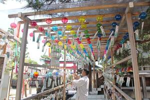 色とりどりの風鈴が並んでいる七夕風鈴祭=6月30日、五泉市宮町の五泉八幡宮