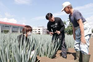 ネギ畑で生産者に技術指導する杉山孔将さん(中央)=十日町市北新田