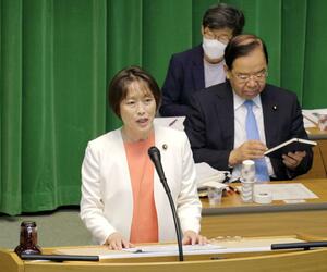 共産党の第3回中央委員会総会で発言する田村智子委員長=9月30日午後、東京都渋谷区の党本部