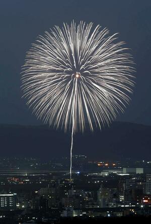 日米開戦82年に合わせ、打ち上げられた慰霊の花火=8日午後5時ごろ、長岡市