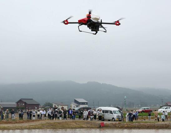 ドローンによる直播の実演見学会＝上越市板倉区