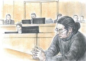 判決理由を聞く山上徹也被告（イラストと構成・松川久美）