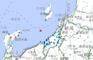 震度１以上が観測された地点（気象庁ＨＰより）