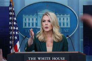記者会見するレビット大統領報道官=3月