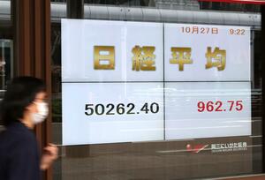 日経平均株価が5万円を超えたことを示す株価ボード=27日午前9時半前、長岡市大手通1